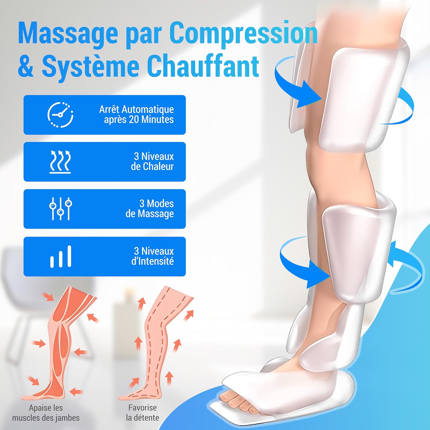 Masseur de jambes, masseur de compression pour les mollets, les genoux, les pieds avec chaleur, cadeaux pour hommes, 3 réglages de chaleur et 3 intensités, Noir