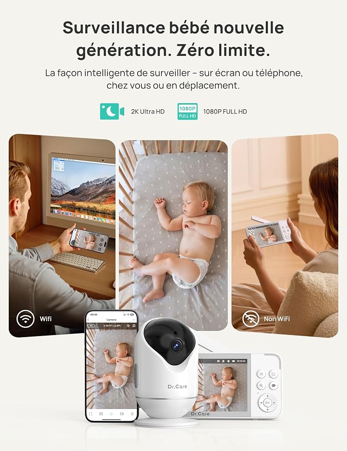 Babyphone Caméra Bébé, vidéo pour bébé de 5 pouces, avec caméra, Zoom PTZ, Protection de sécurité, caméras de Surveillance, capteur de température, berceuse