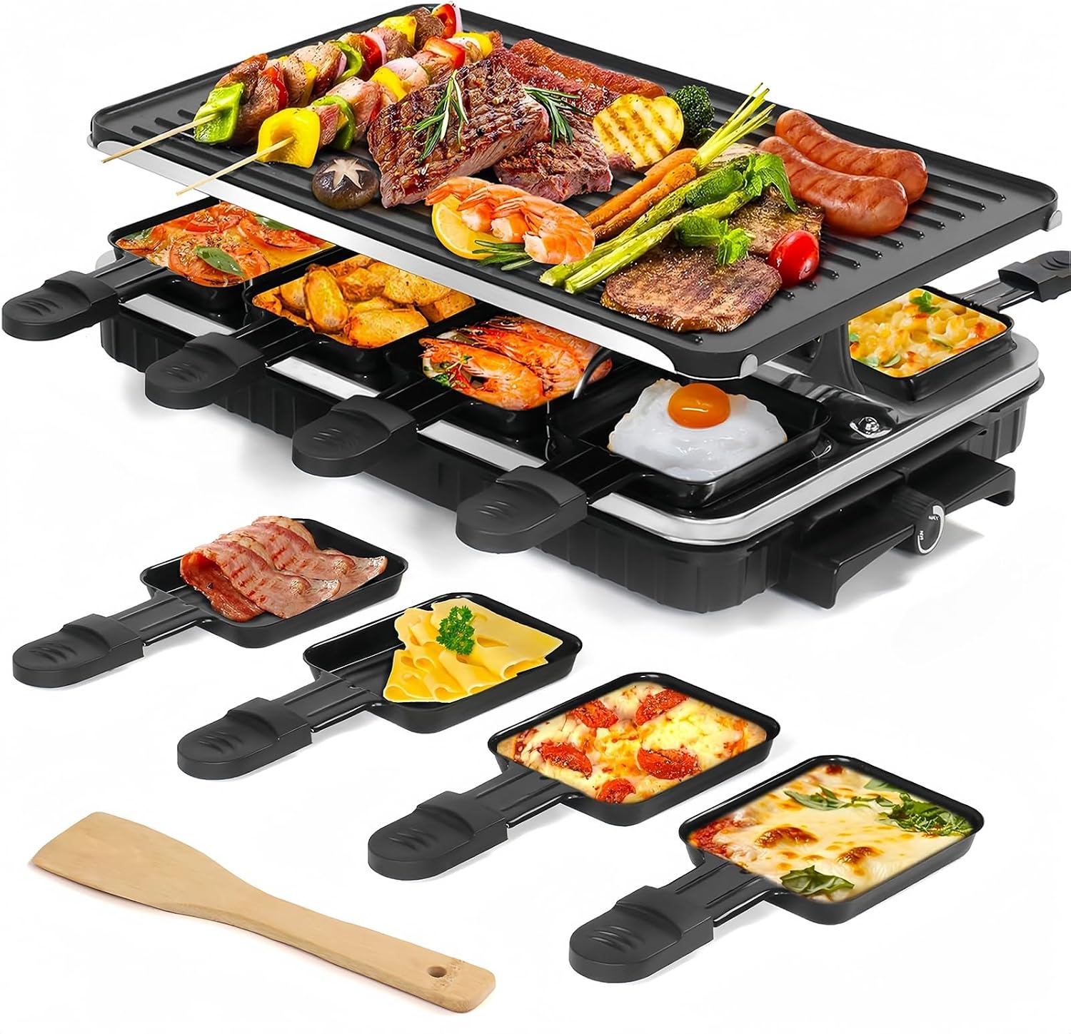 Appareil à Raclette 8 Personnes avec Grille Réversible Antiadhésive, Mini Poêlons en Fromage et Spatule en Bois appareil pour raclette