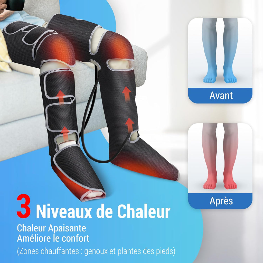 Masseur de jambes, masseur de compression pour les mollets, les genoux, les pieds avec chaleur, cadeaux pour hommes, 3 réglages de chaleur et 3 intensités, Noir