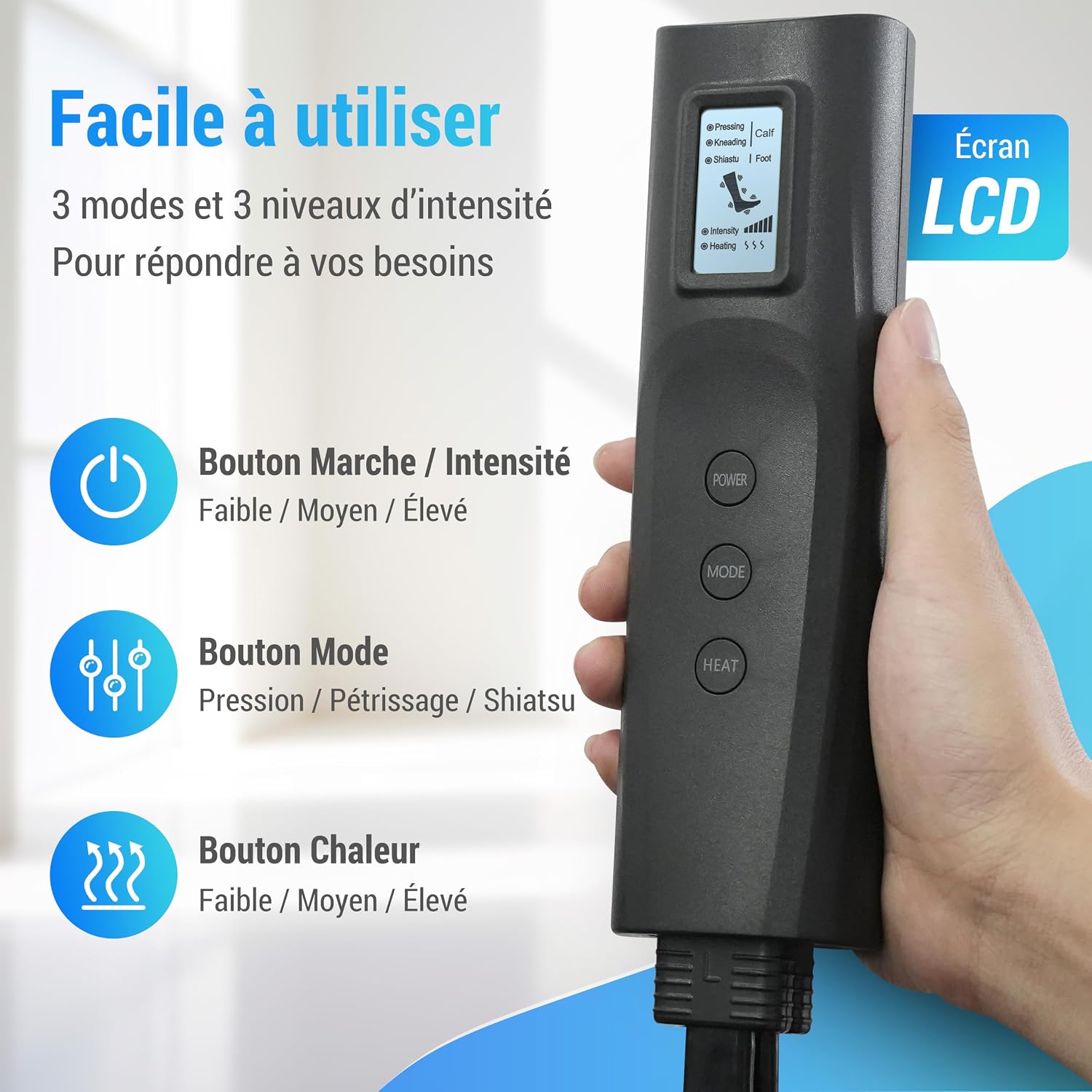 Masseur de jambes, masseur de compression pour les mollets, les genoux, les pieds avec chaleur, cadeaux pour hommes, 3 réglages de chaleur et 3 intensités, Noir