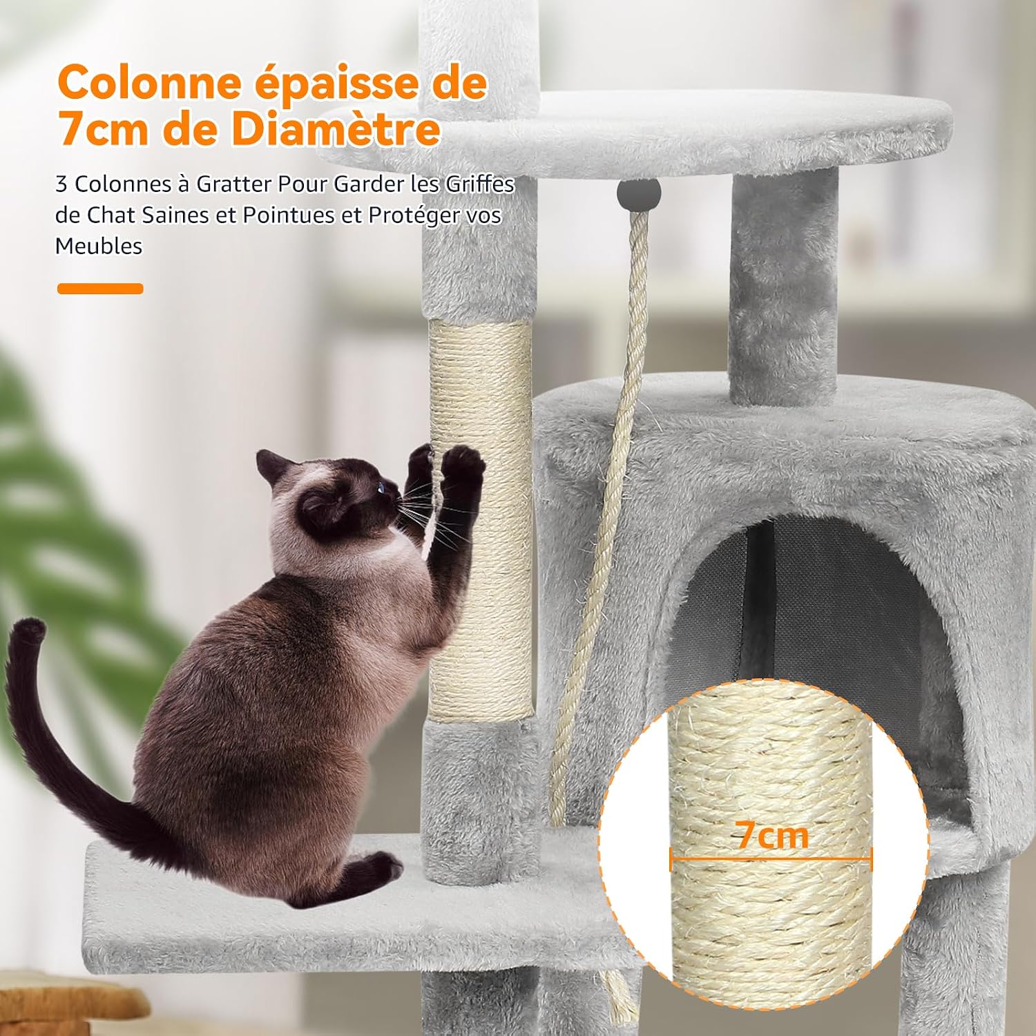 Arbre à Chat Tour de Jeux pour Chats avec 3 Poteaux à Griffer, 2 Plateformes, 1 Nid Douillet, 1 Pompons, Multi-Niveaux Convient aux Chats de Petite et Moyenne Taille Gris Hauteur 112 cm