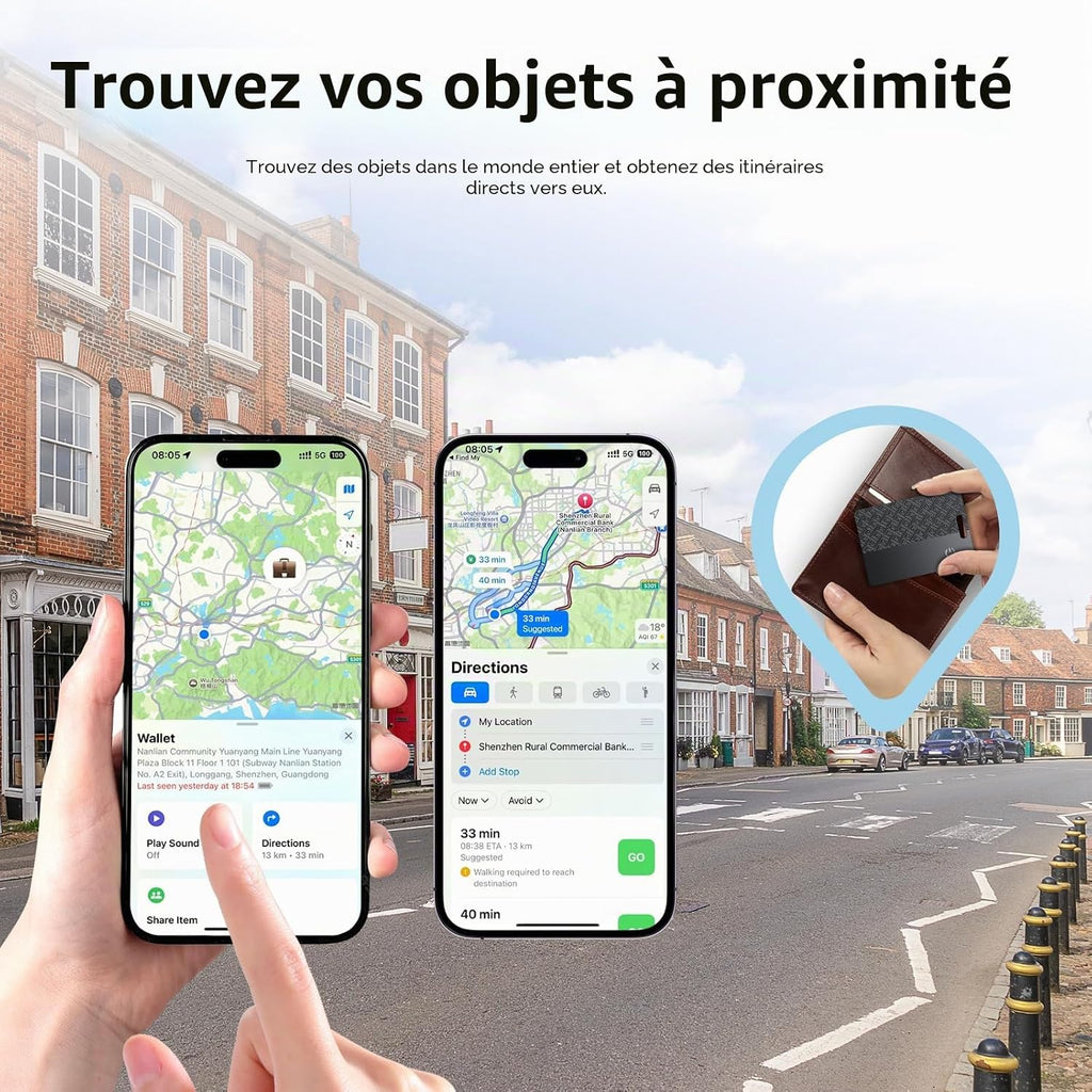 Carte Traceur de Portefeuille, 2 unités, Compatible avec Apple Localiser (Uniquement iOS), 1,8 mm, Étanche IP68, Localisateur Bluetooth à Charge sans Fil pour Portefeuilles