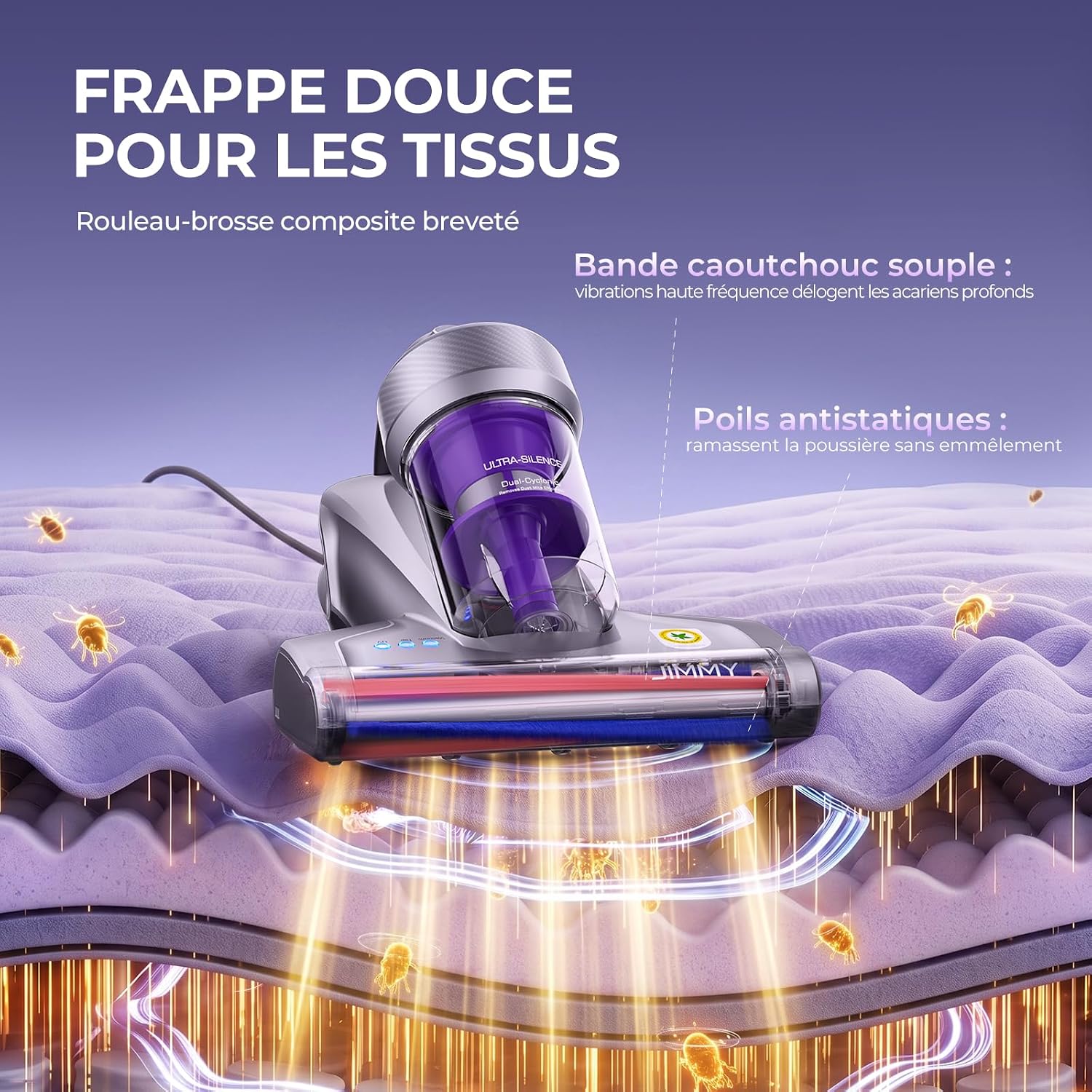 Aspirateur anti-acariens Jimmy JV35 avec lumière Aspirateur à main Lubluelu CM208 pour lit, éliminateur d'acariens, 15Kpa, puissant, portable, pour la maison, le canapé, le lit - Chauffage rapide Compartiment à poussière, Filtre HEPA
