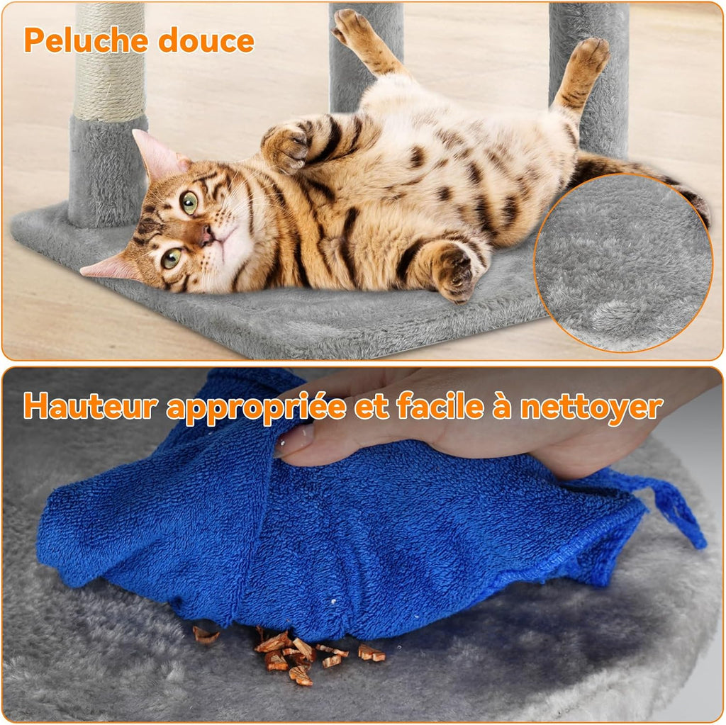 Arbre à Chat Tour de Jeux pour Chats avec 3 Poteaux à Griffer, 2 Plateformes, 1 Nid Douillet, 1 Pompons, Multi-Niveaux Convient aux Chats de Petite et Moyenne Taille Gris Hauteur 112 cm