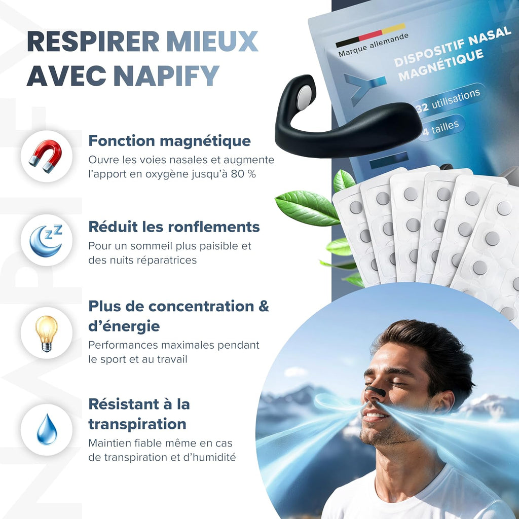 Bandes nasales magnétiques  – Bandes nasales magnétiques anti-ronflement – Adhésif puissant – pour une respiration libre, des performances sportives