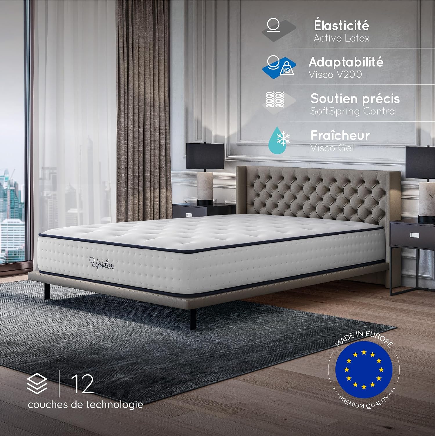 Matelas 30 cm à Ressorts Ensachés Upsilon - Matelas  Noyau Hybride - Épais 30 cm