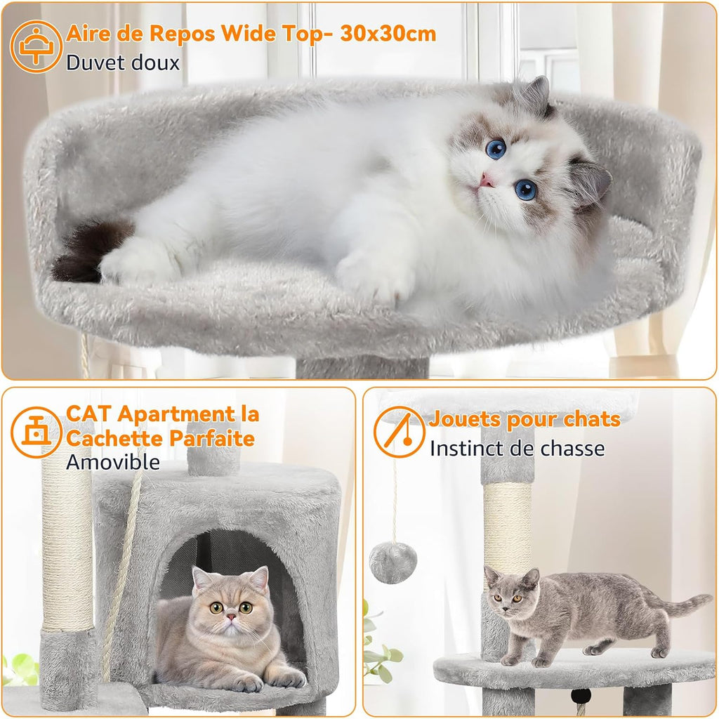 Arbre à Chat Tour de Jeux pour Chats avec 3 Poteaux à Griffer, 2 Plateformes, 1 Nid Douillet, 1 Pompons, Multi-Niveaux Convient aux Chats de Petite et Moyenne Taille Gris Hauteur 112 cm