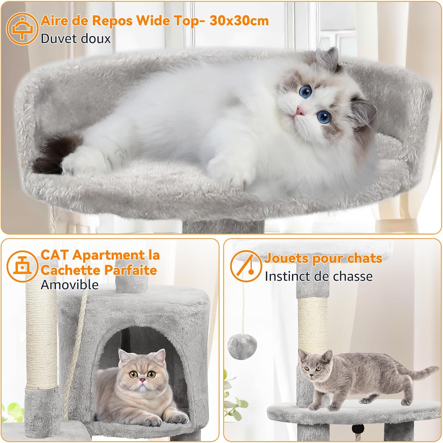 Arbre à Chat Tour de Jeux pour Chats avec 3 Poteaux à Griffer, 2 Plateformes, 1 Nid Douillet, 1 Pompons, Multi-Niveaux Convient aux Chats de Petite et Moyenne Taille Gris Hauteur 112 cm
