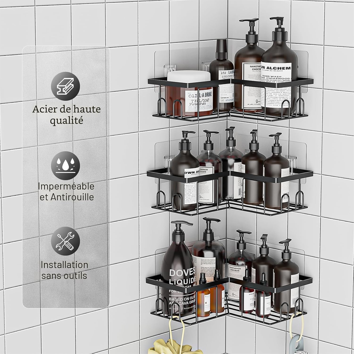 Lot de 3 étagères Étagère de Douche sans Percage, Étagère Salle Angle de Bain, Noir