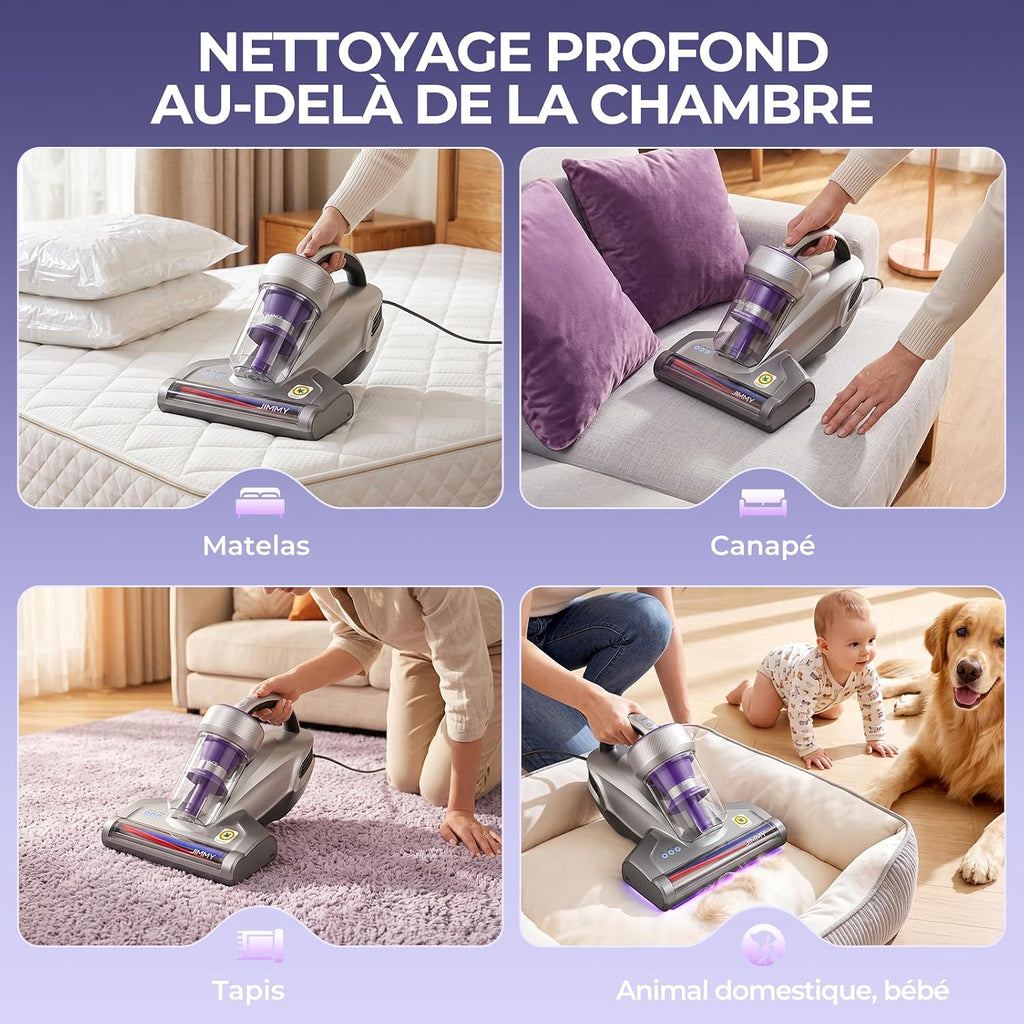 Aspirateur anti-acariens Jimmy JV35 avec lumière Aspirateur à main Lubluelu CM208 pour lit, éliminateur d'acariens, 15Kpa, puissant, portable, pour la maison, le canapé, le lit - Chauffage rapide Compartiment à poussière, Filtre HEPA