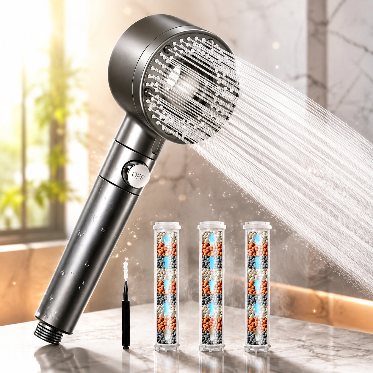 Pommeau de Douche Anti Calcaire Haute Pression, 5 Jets, Gris
