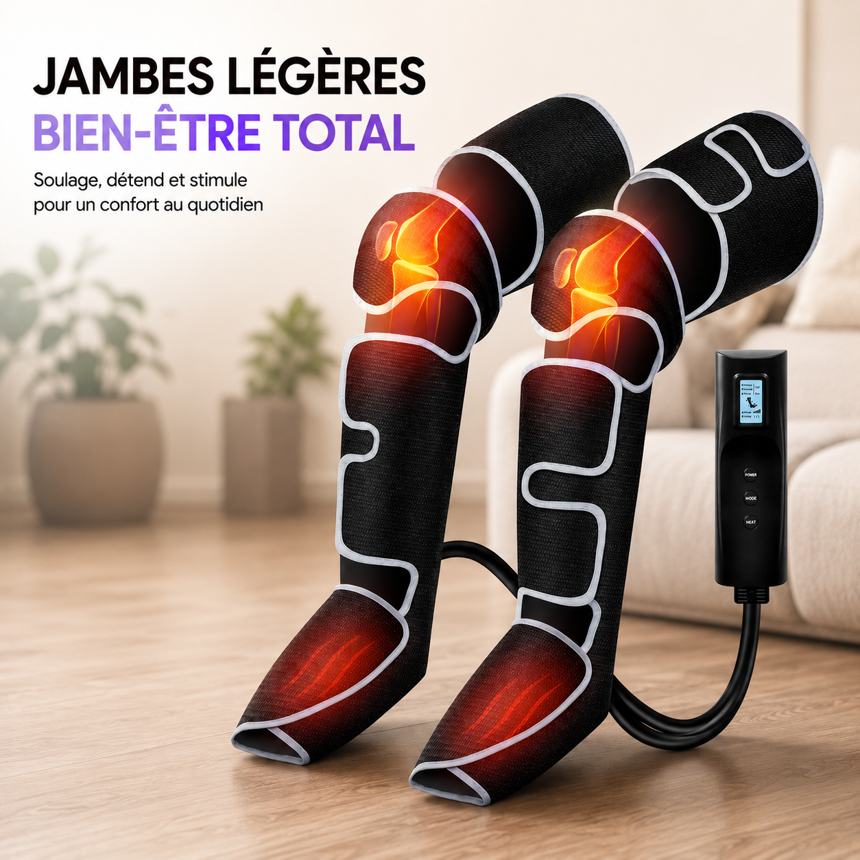 Masseur de jambes, masseur de compression pour les mollets, les genoux, les pieds avec chaleur, cadeaux pour hommes, 3 réglages de chaleur et 3 intensités, Noir