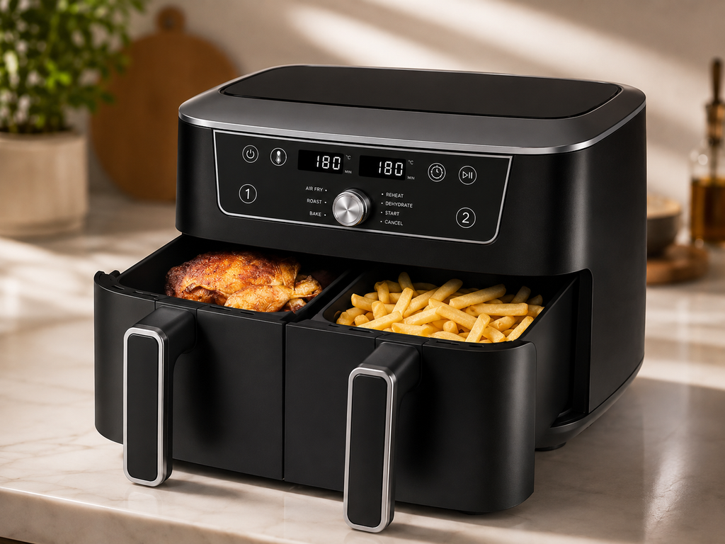 Air Fryer Double Compartiment 10L | Friteuse Sans Huile a 2x4,5L Tiroir, 2600W Friteuse à Air Chaud 8 en 1 Écran Tactile Smart Finish Fonction, Airfryer Deux Zones Contrôle Individuel Température Temps