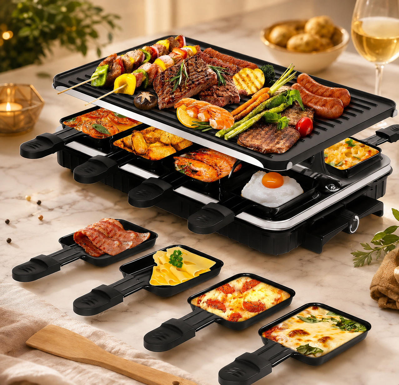 Appareil à Raclette 8 Personnes avec Grille Réversible Antiadhésive, Mini Poêlons en Fromage et Spatule en Bois appareil pour raclette