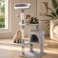 Arbre à Chat Tour de Jeux pour Chats avec 3 Poteaux à Griffer, 2 Plateformes, 1 Nid Douillet, 1 Pompons, Multi-Niveaux Convient aux Chats de Petite et Moyenne Taille Gris Hauteur 112 cm