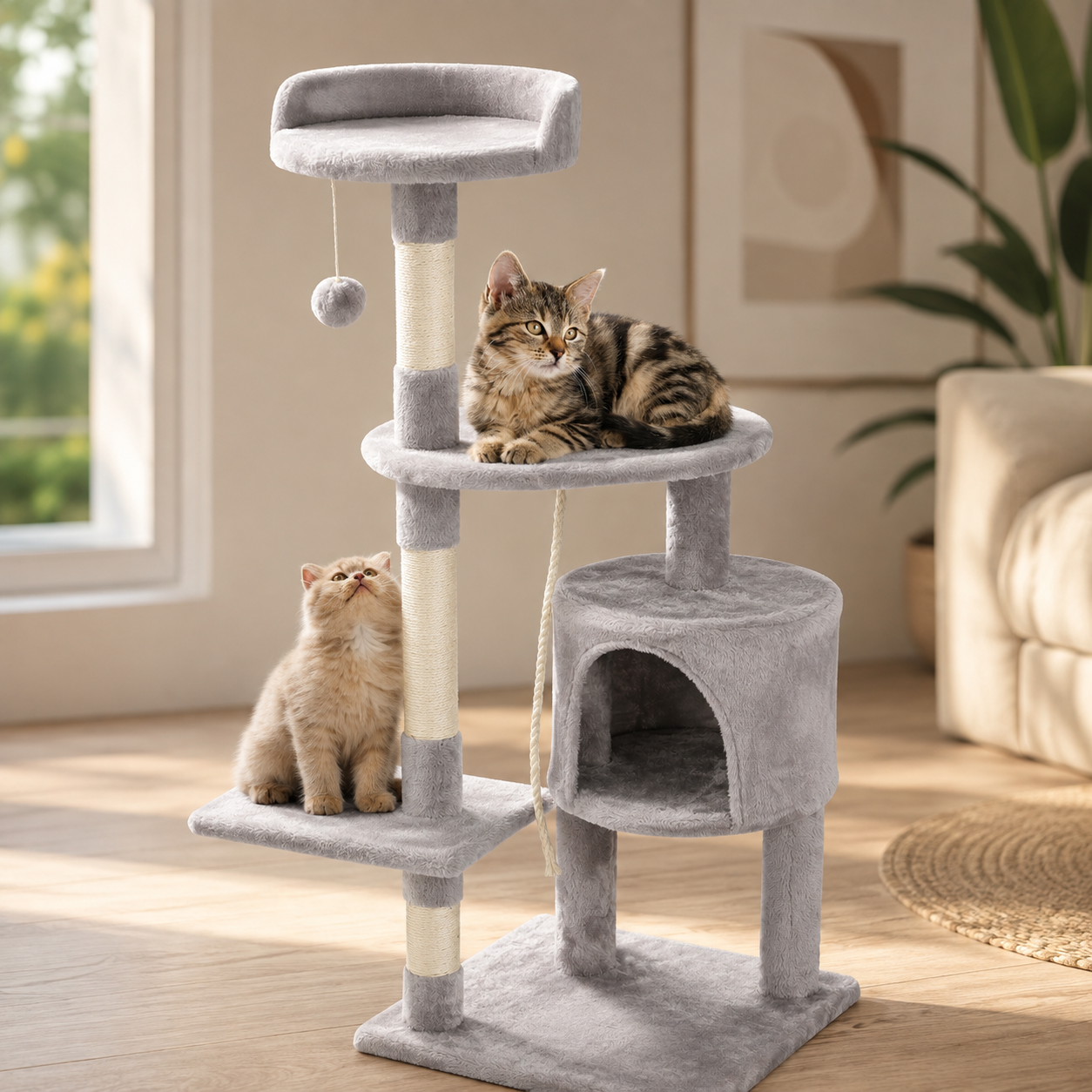 Arbre à Chat Tour de Jeux pour Chats avec 3 Poteaux à Griffer, 2 Plateformes, 1 Nid Douillet, 1 Pompons, Multi-Niveaux Convient aux Chats de Petite et Moyenne Taille Gris Hauteur 112 cm