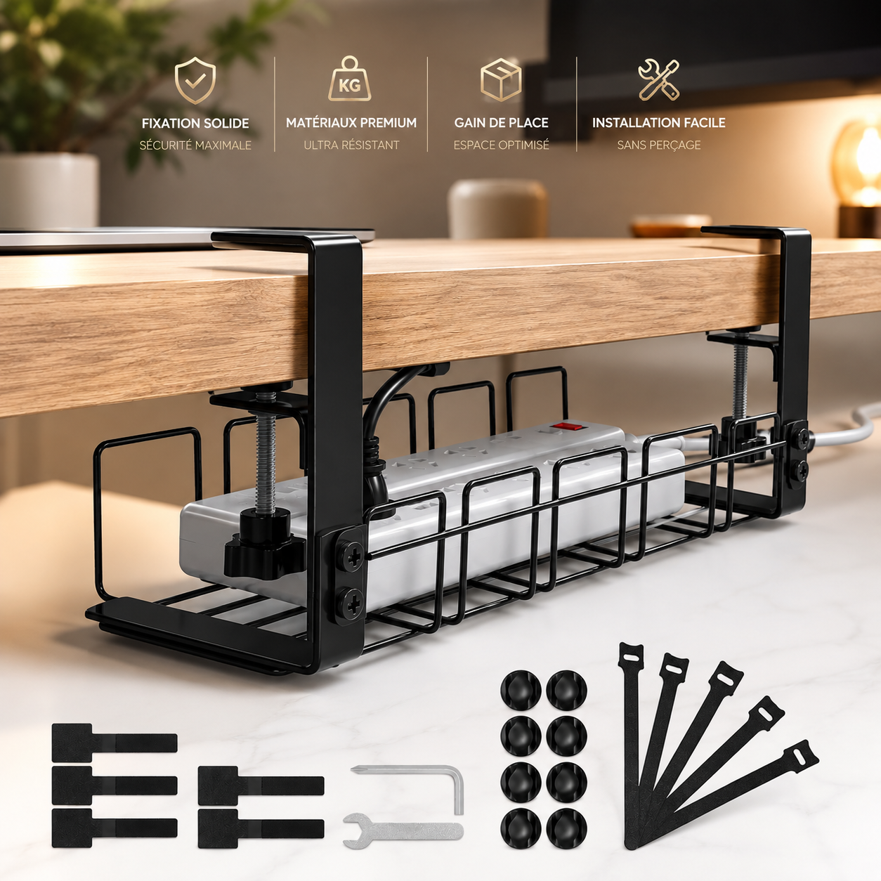 Support de rangement sous table, sans perçage, plateau de gestion des câbles en métal, lot de Cable Management, Plateau de Gestion des Câbles sous Bureau sans Perçage, Rangement Cable Bureau pour La Gestion des Câbles et des Multiprises, Noir