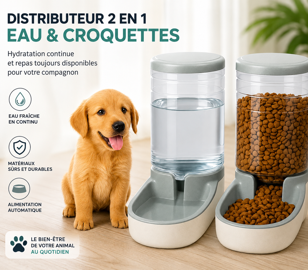 Distributeur Croquettes Chat, Chien, Automatique, 2 Unités, 3.8 L, Gamelle à Nourriture et à Eau pour Animaux de Compagnie (Gris) Edipets