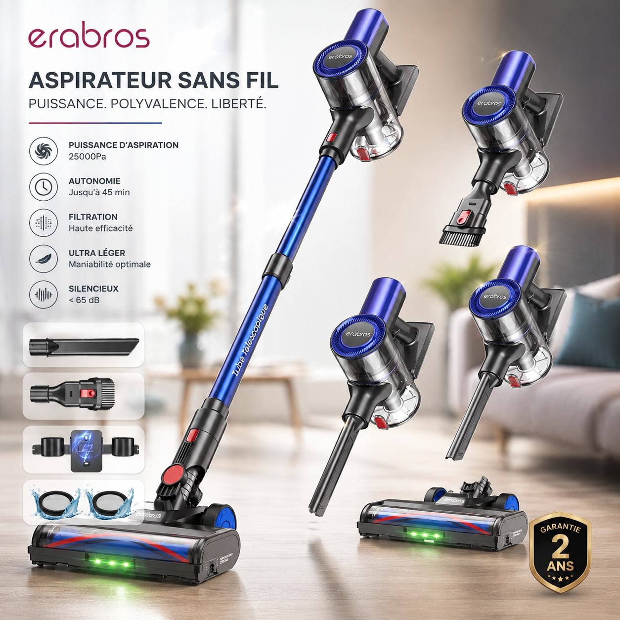 Aspirateur balai Erabros Aspirateur Balai sans Fil 500W/60Kpa-60Min EV3 Puissant Nettoyage Profondeur Vacuum Cleaner avec 1L Bac Tube Téléscopique Batterie Amovible