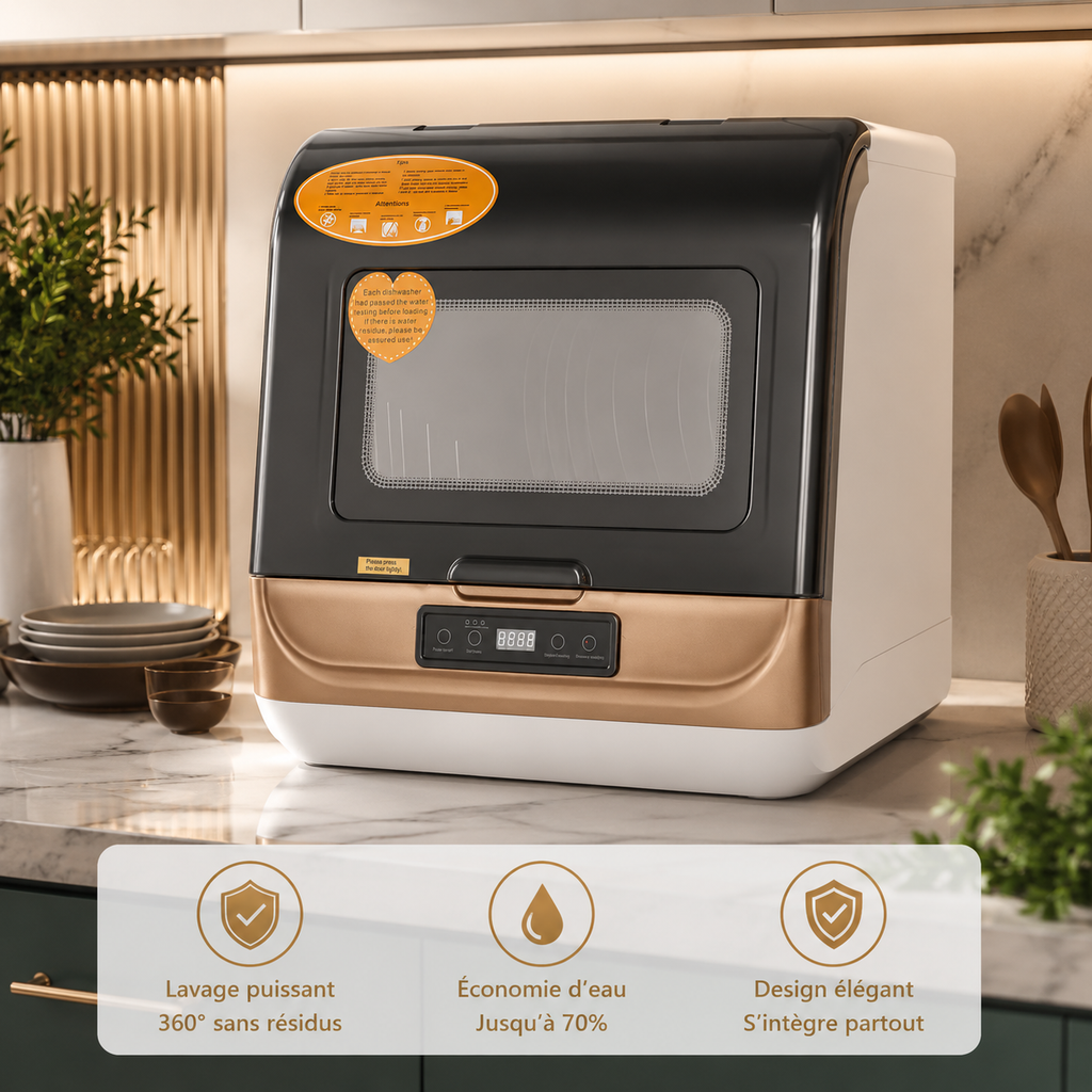 Lave-vaisselle de table compact avec 3 modes de lavage, 360 ° Pulvérisation d'eau, séchage à l'air chaud pour la maison, idéal pour les petits espaces