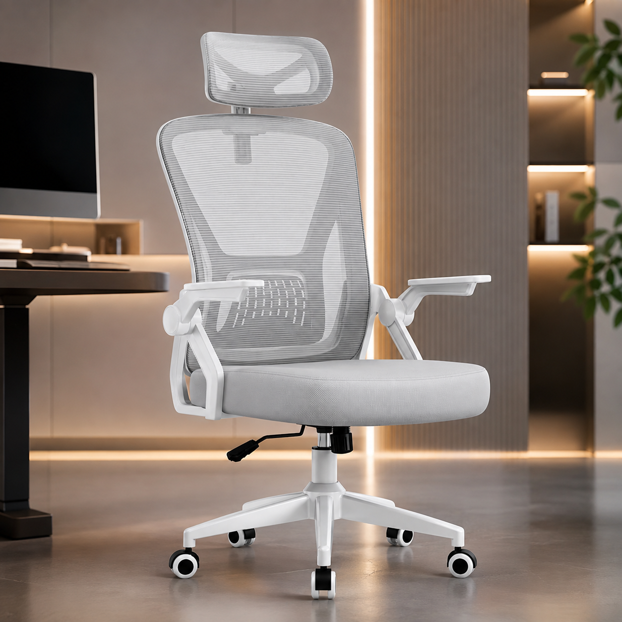 Chaise de Bureau Ergonomique, avec accoudoirs réversibles à 90°, siège en Maille Respirante, Fonction Rotation et basculement à 360°, Convient au Bureau et à la Maison, Gris.
