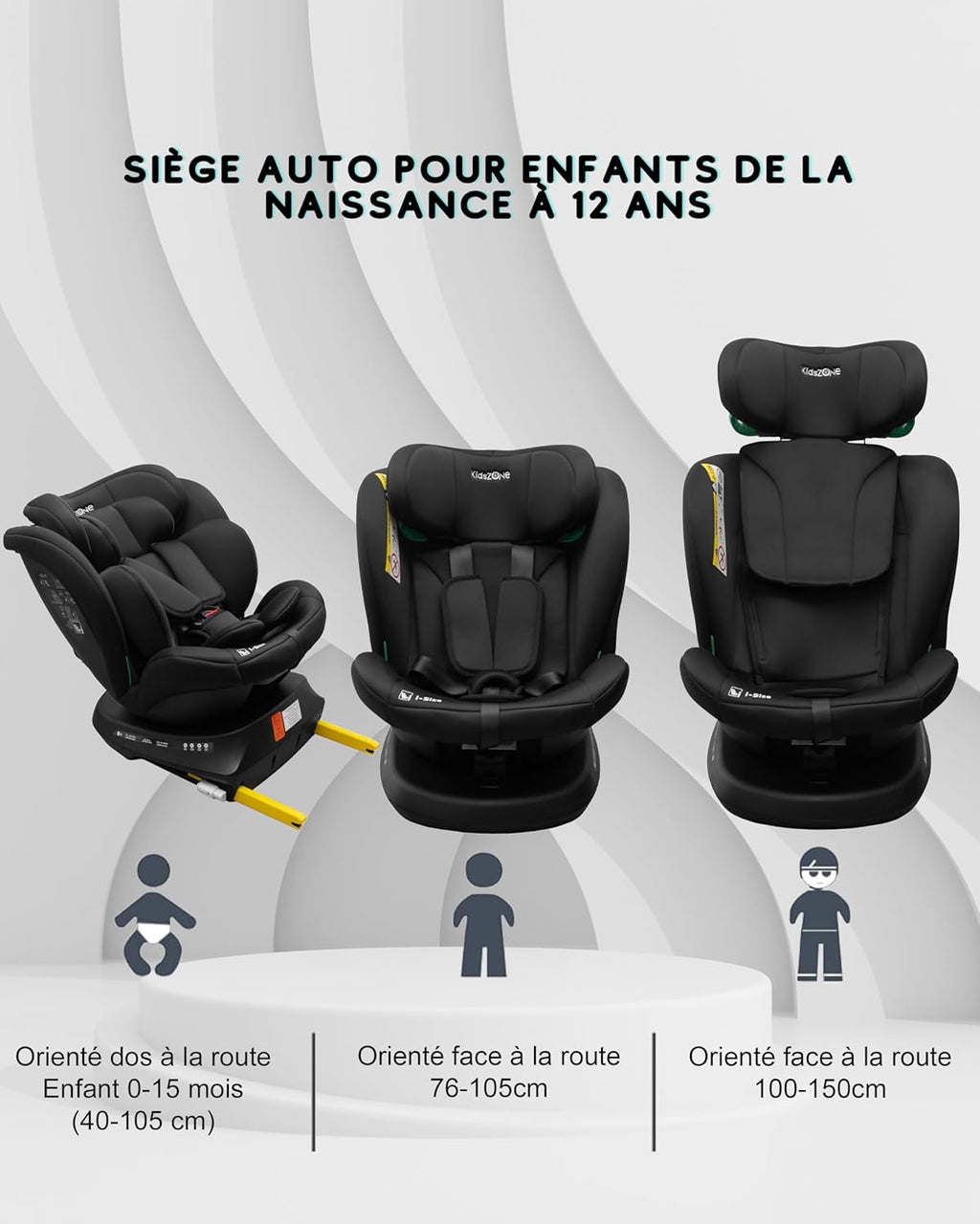 Siège bébé Auto Pivotant 360, 0-12 Ans, 40-150 cm, Siège Auto ISOFIX, Top Tether, Rotation 360,  Full Black