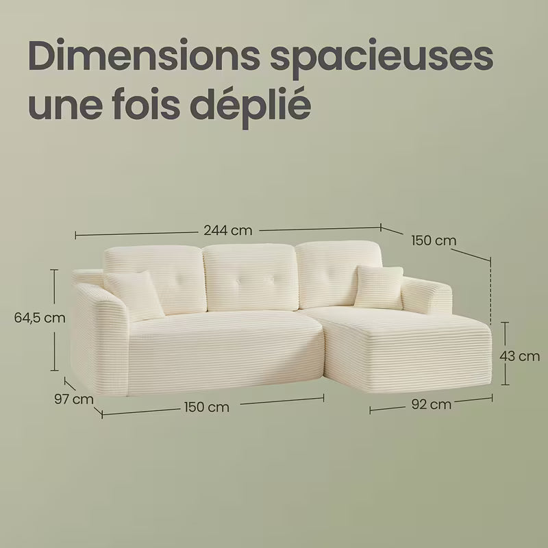 Canapé d'angle modulaire en L avec méridienne droite, canapé compressé sans assemblage, canapé-lit d'angle convertible pour salon, appartement ou chambre d'amis, tissu velours côtelé doux, 242x152x73cm