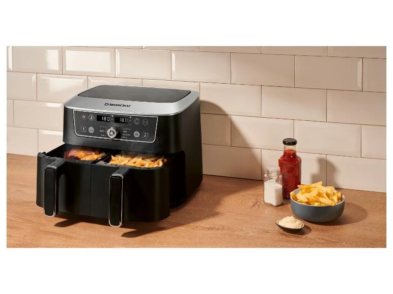 Air Fryer Double Compartiment 10L | Friteuse Sans Huile a 2x4,5L Tiroir, 2600W Friteuse à Air Chaud 8 en 1 Écran Tactile Smart Finish Fonction, Airfryer Deux Zones Contrôle Individuel Température Temps