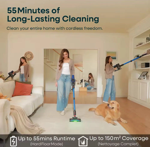 Aspirateur balai Erabros Aspirateur Balai sans Fil 500W/60Kpa-60Min EV3 Puissant Nettoyage Profondeur Vacuum Cleaner avec 1L Bac Tube Téléscopique Batterie Amovible