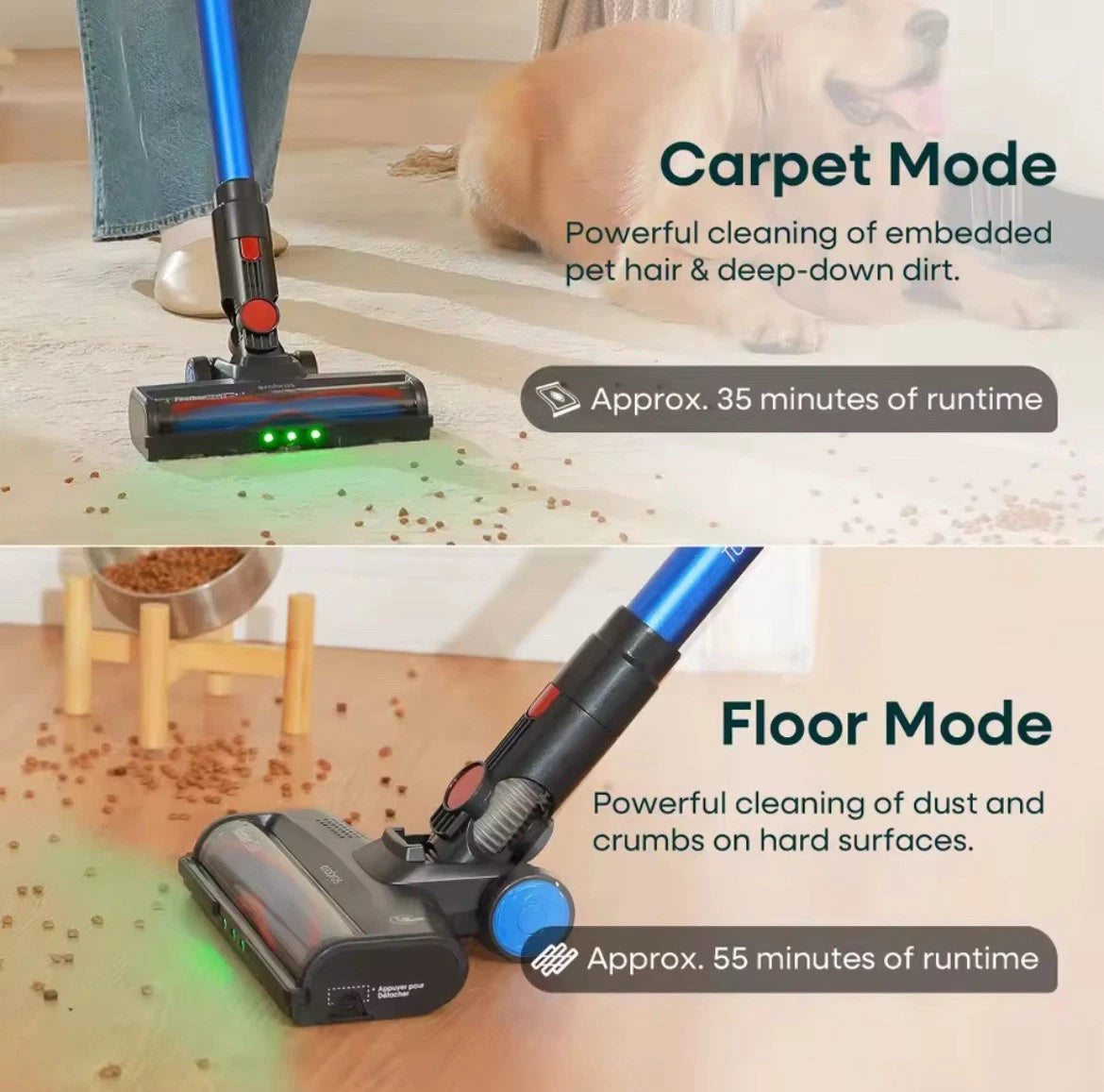 Aspirateur balai Erabros Aspirateur Balai sans Fil 500W/60Kpa-60Min EV3 Puissant Nettoyage Profondeur Vacuum Cleaner avec 1L Bac Tube Téléscopique Batterie Amovible